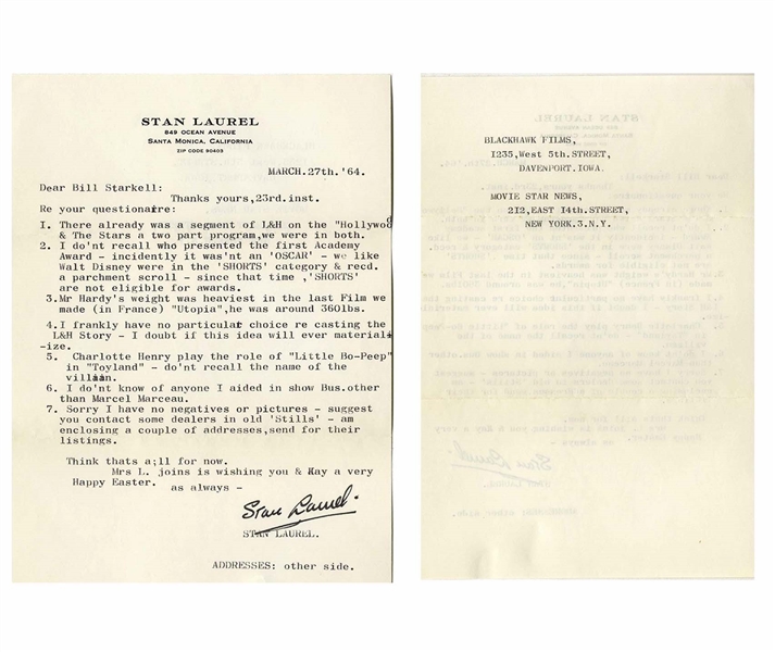 Stan Laurel Letter Signed With His Full Signature ''Stan Laurel'' on His Personal Stationery -- ''...Mr Hardy's weight was heaviest in the last Film we made...'Utopia', he was around 360 lbs...''